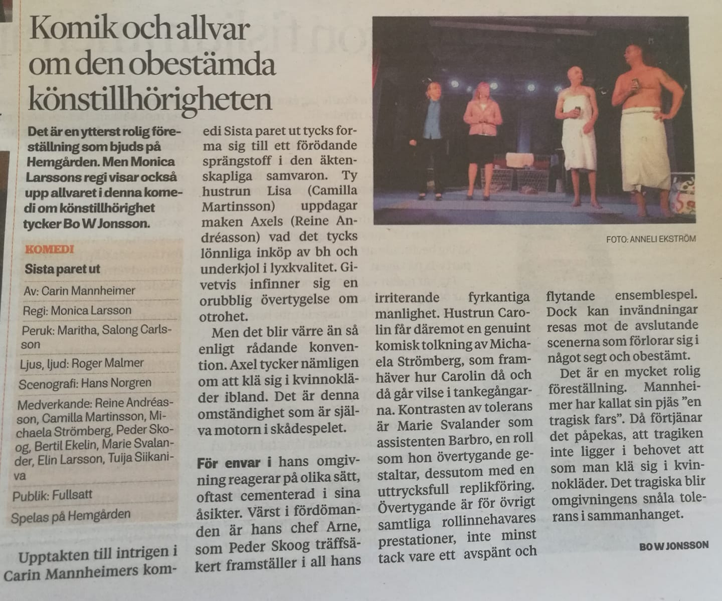 Recension Borås Tidning om pjäsen Sista paret ut på Hemgården 2018